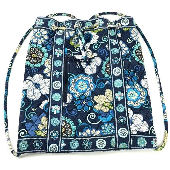 Vera Bradley Backpack Retired Mod Floral Blue Pattern Quilted Cotton Drawstring - Picture 8 of 13